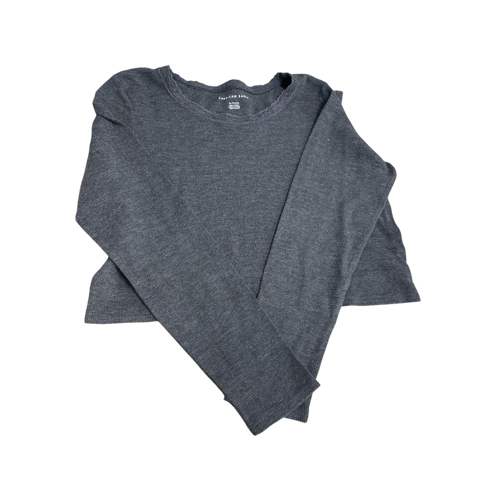 American Eagle Charcoal Gray Waffle Knit Lace Trim Cropped Thermal Top XL